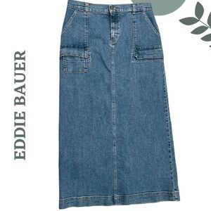 Women’s Eddie Bauer Maxi Denim Cargo Skirt Size 42 US Medium Blue Jean Skirt